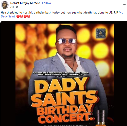 Popular MC, Dady Saints, Dies on His Birthday