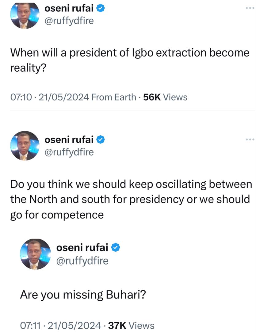 "When Will a President of Igbo Extraction Become a Reality?" - Rufai Oseni Asks Nigerians on X