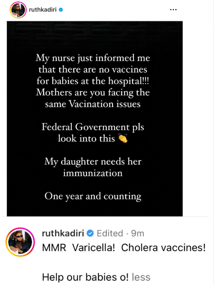 Actress Ruth Kadiri Raises Concerns Over Vaccine Shortages in Certain Hospitals