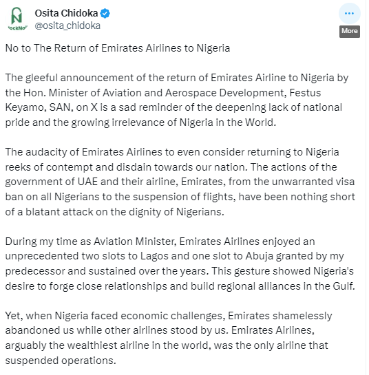 "The Unwarranted Visa Ban on All Nigerians to the Suspension of Flights Has Been Nothing Short of a Blatant Attack on the Dignity of Nigerians" - Osita Chidoka Opposes Resumption of Emirates Operations in Nigeria