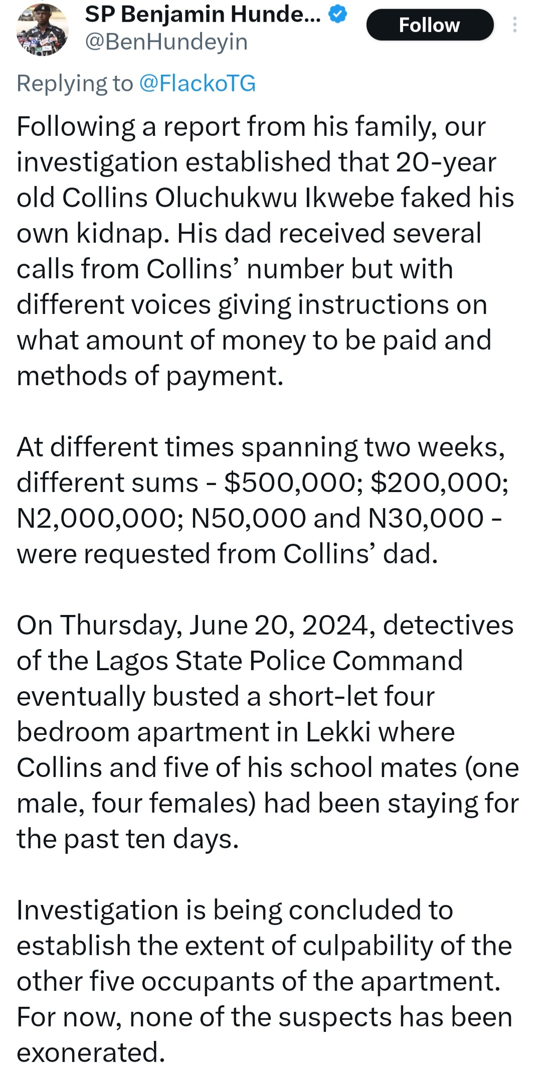 Five Arrested After Man Faked His Kidnap To Demand N700K And N2.08m Ransom From His Dad