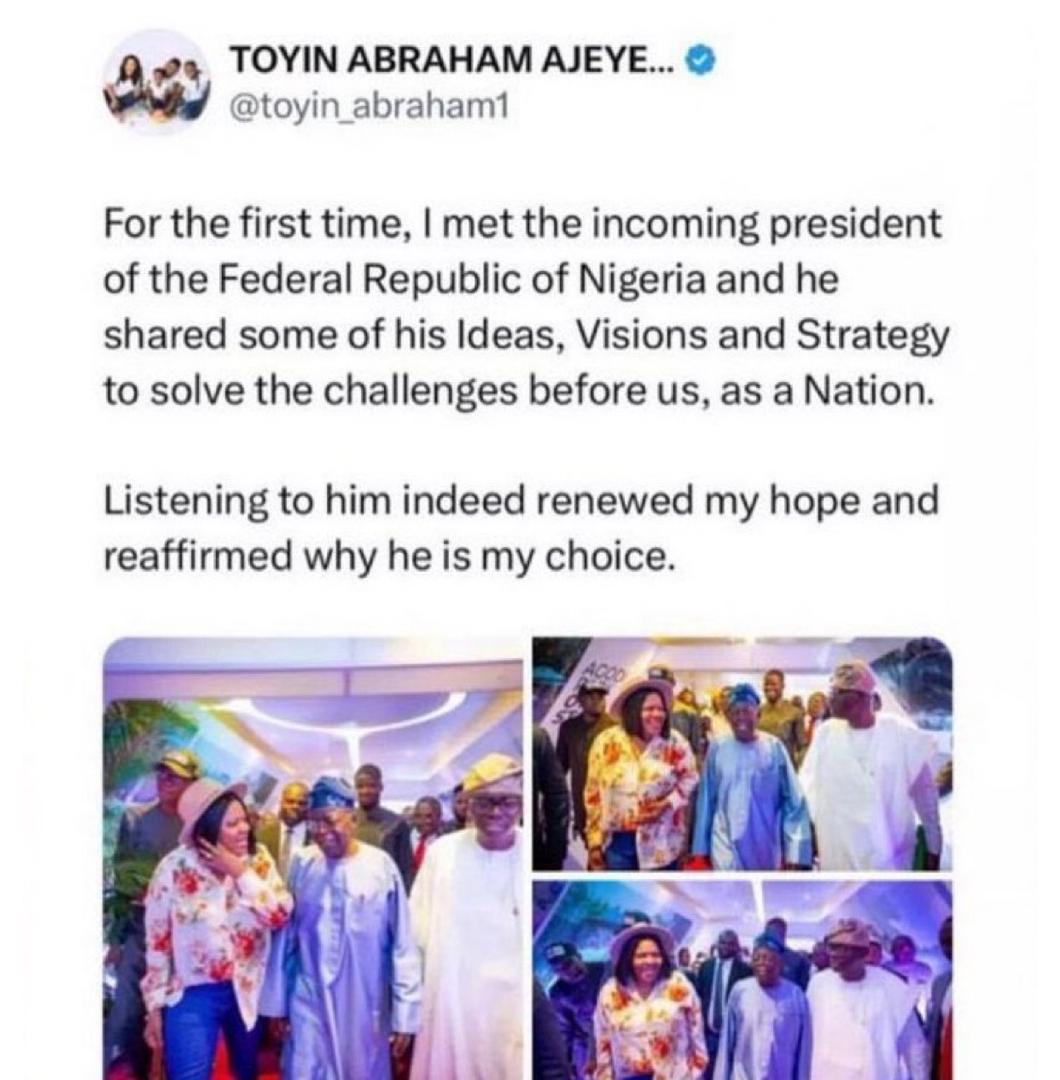 Toyin Abraham Ajeyemi Hits Back at Critics, Denies Political Involvement Amid Support for President Tinubu's Administration