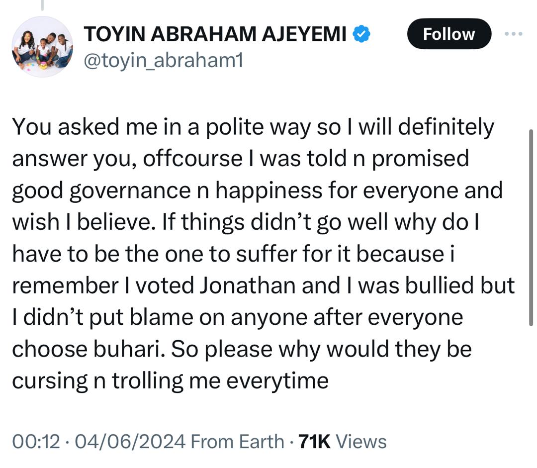 Toyin Abraham Ajeyemi Hits Back at Critics, Denies Political Involvement Amid Support for President Tinubu's Administration