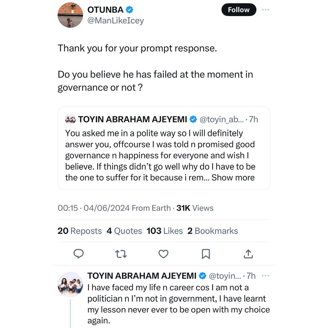 Toyin Abraham Ajeyemi Hits Back at Critics, Denies Political Involvement Amid Support for President Tinubu's Administration