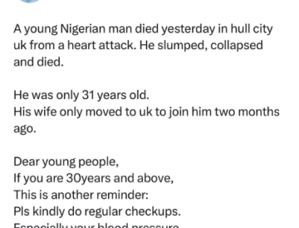 Nigerian Man Dies Of Heart Attack In The UK Two Months After His Wife Moved There