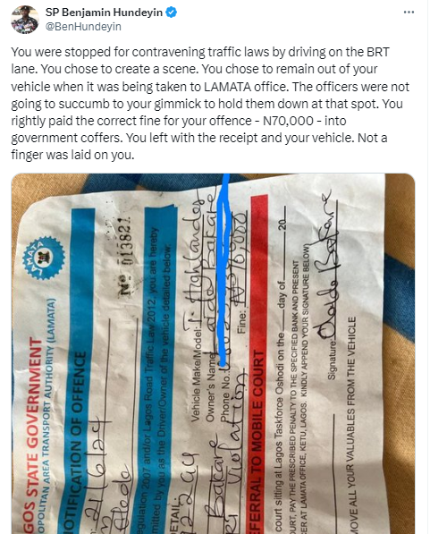 Lagos Police PRO Responds to Actress Laide Bakare: "You Were Stopped for Driving on the BRT Lane"