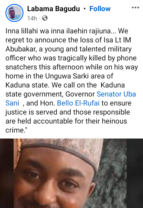 Suspected Phone Snatchers Kill Army Officer in Kaduna