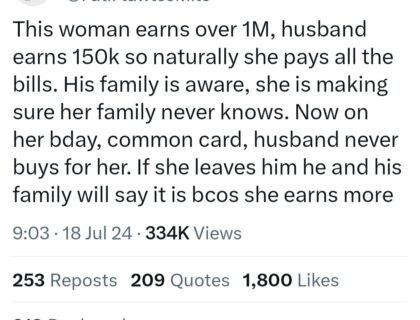 Wife Who Is The Breadwinner Laments That Her Husband Failed To Buy Her A Birthday Gift From His Salary