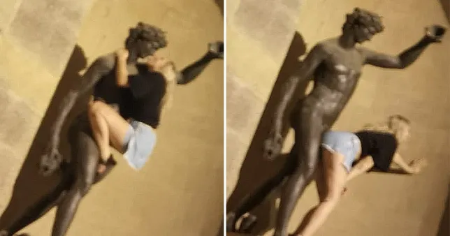 Tourist filmed kissing the statue of Bacchus, the god of wine and sensuality in Italy