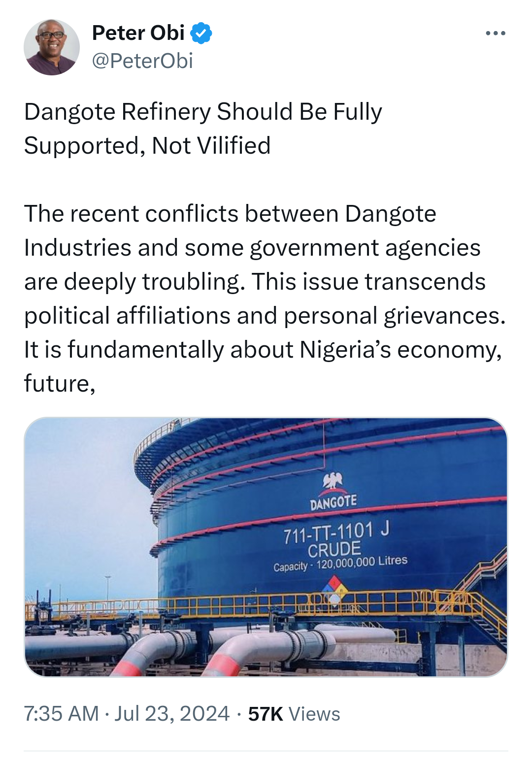 Peter Obi Adjures FG To Aid Dangote Refinery