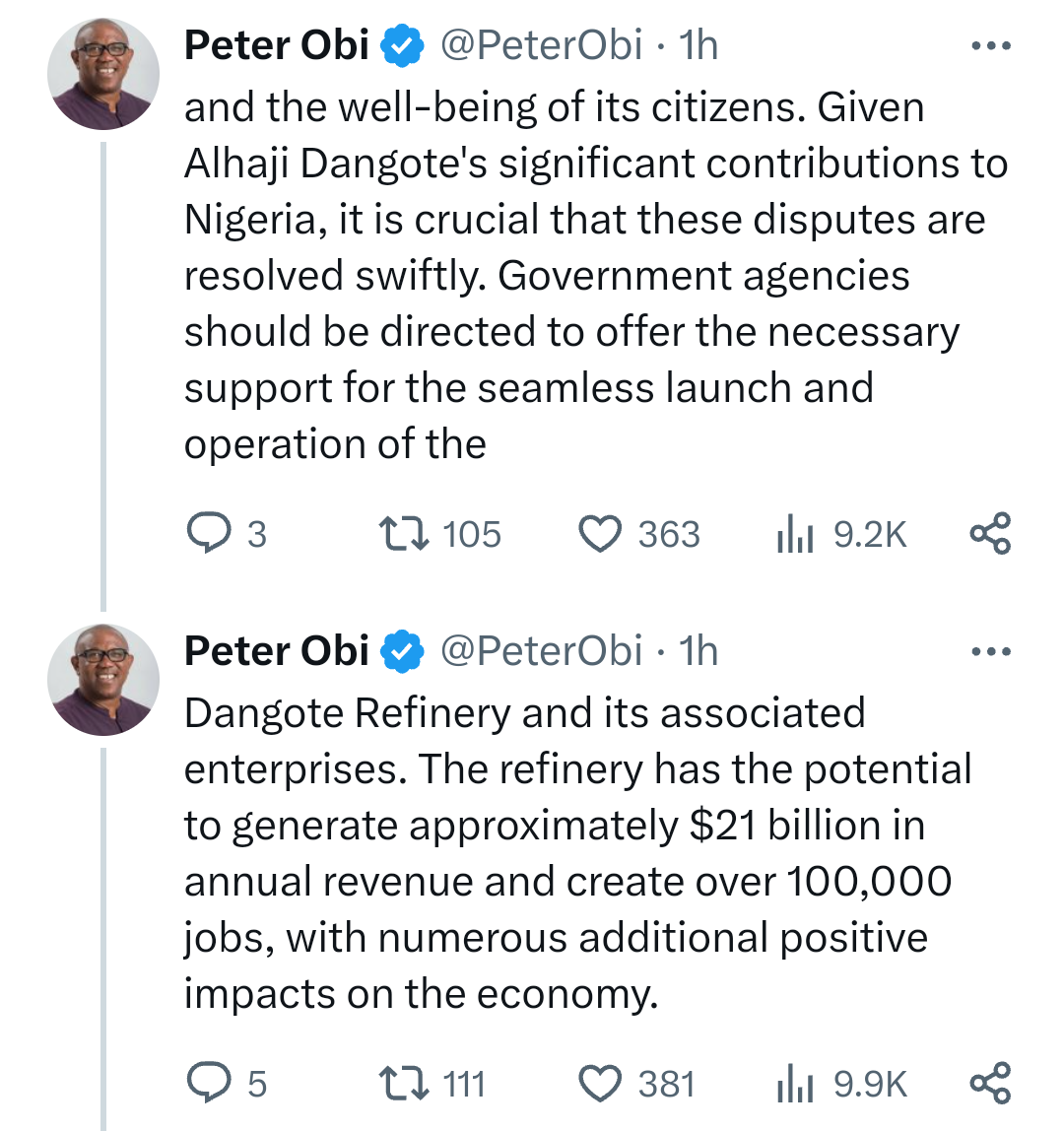 Peter Obi Adjures FG To Aid Dangote Refinery