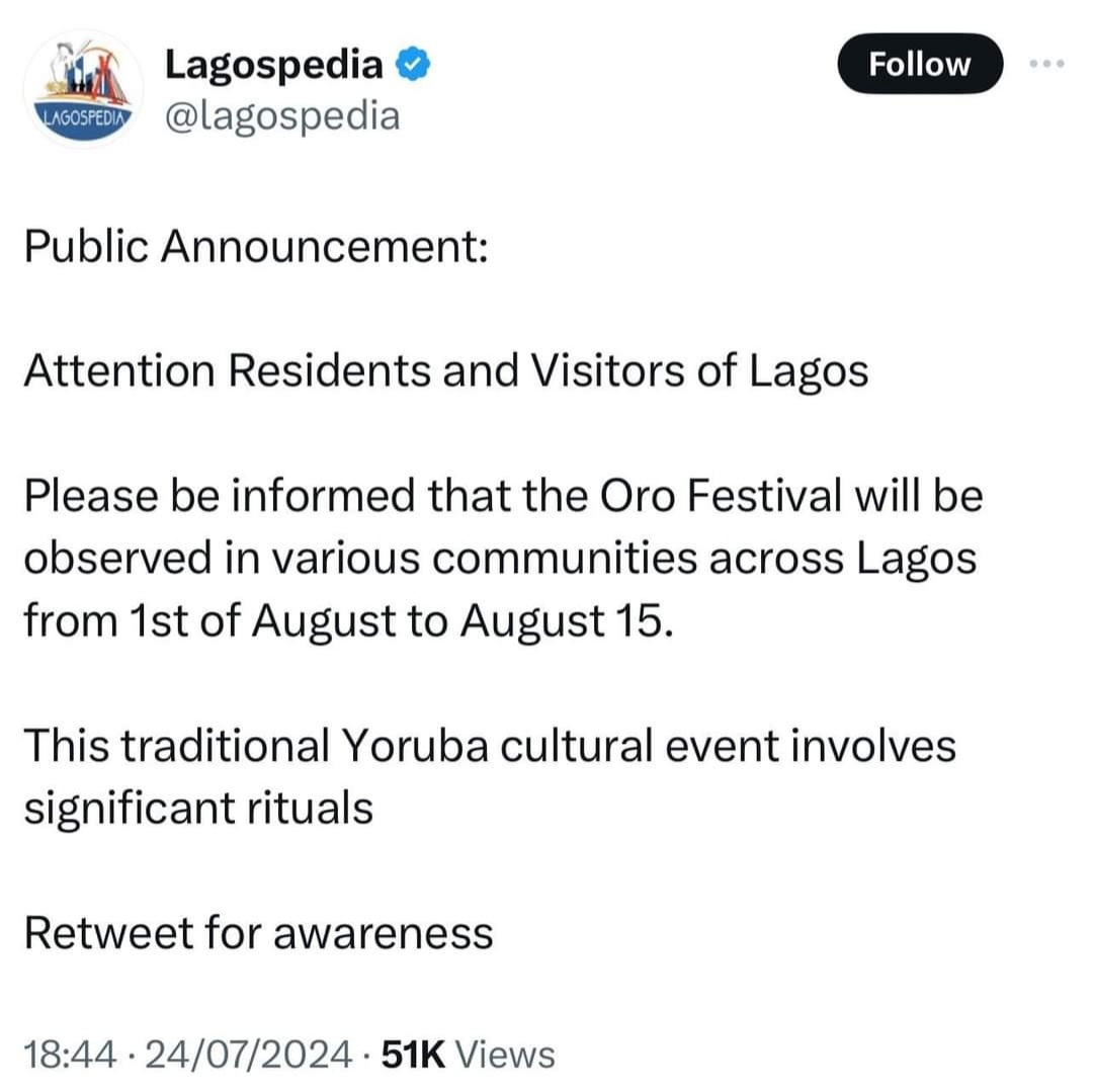 Reactions As Lagos Govt Announces Oro Festival Will Hold From August 1-15