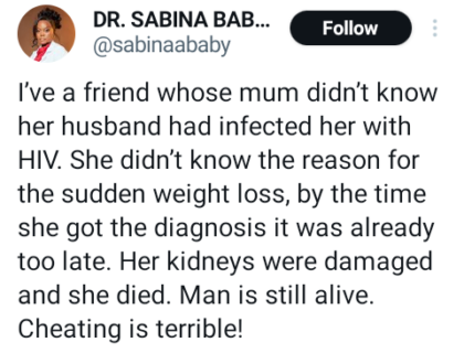 Nigerian Doctor Shares Tragic Story of Friend’s Mother Dying After Being Infected With HIV by Cheating Husband