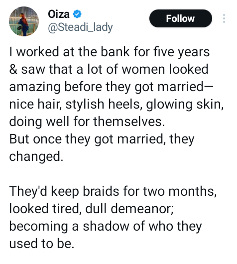 Nigerian Lady Claims 70% Of Female Bankers She Knew Changed For The Worse After marriage