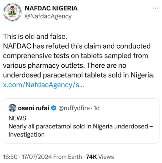 NAFDAC Debunks Claims That Nearly All Paracetamol Sold In Nigeria Are Underdosed