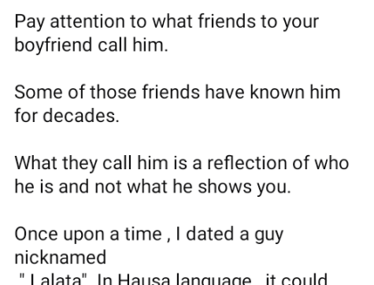 Nigerian Woman Advises Ladies To Note Their Boyfriends’ Nicknames
