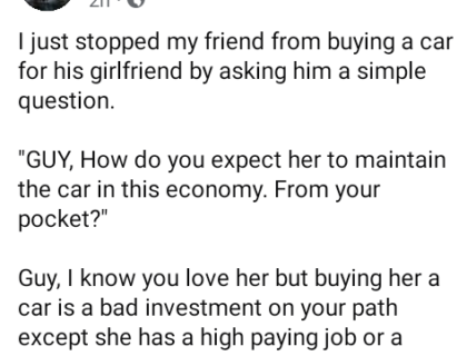 Nigerian Man Reveals Why He Prevented His Friend From Buying A Car For His Girlfriend