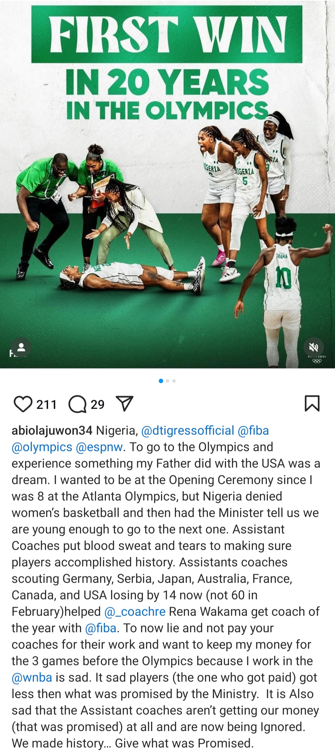 D’Tigress Assistant Coach Abiola Olajuwon Criticizes Nigerian Officials Over Unpaid Allowances at Paris Olympics