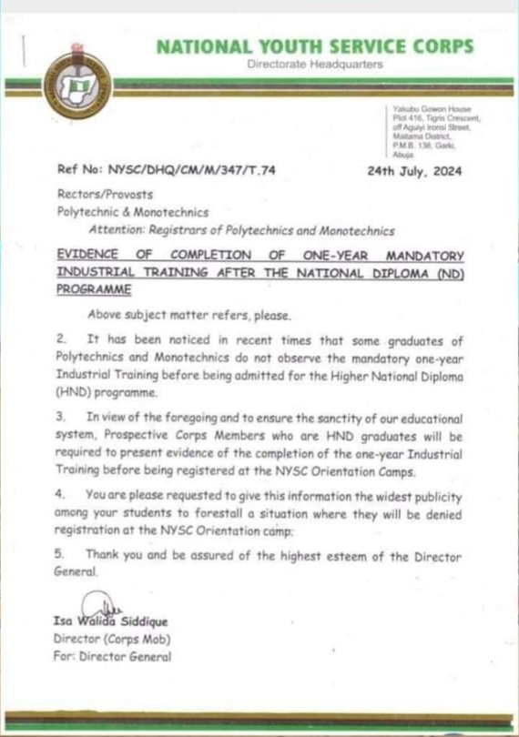 NYSC Bars Polytechnic Graduates Without Proof of 1-Year Mandatory IT Experience from Entering Camp