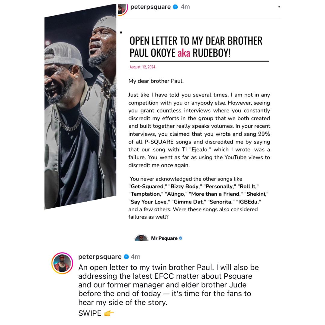 Peter Okoye Writes His Twin Brother, Paul, An Open Letter