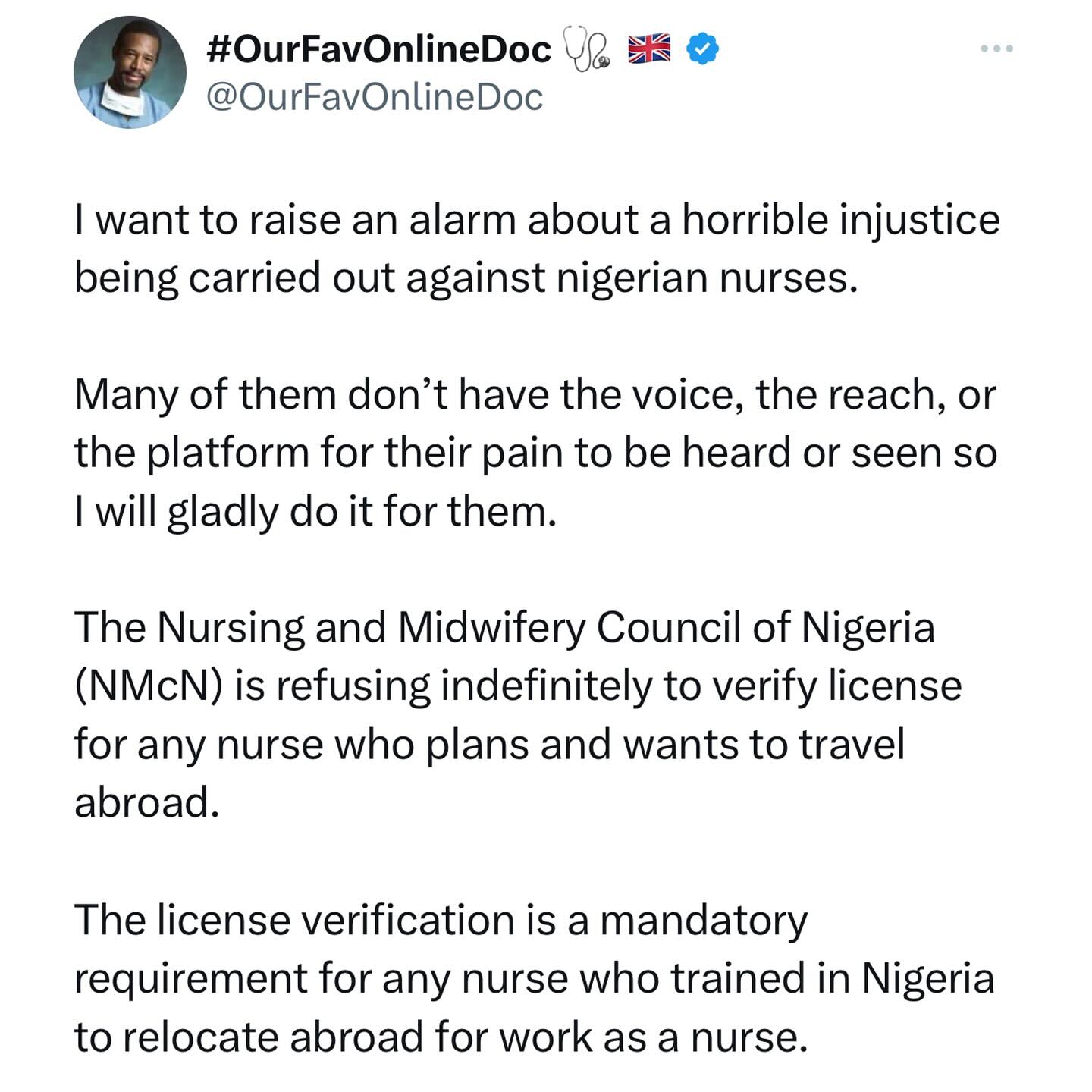 Nigerian Doctor Criticizes NMCN For Refusing To Verify Licenses Of Nurses Planning To Travel Abroad, Calling It Professional Imprisonment