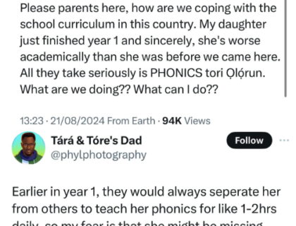 Nigerian Dad Laments Drop in Daughter’s Academics Since Moving to the UK: “All They Take Seriously Is Phonics”