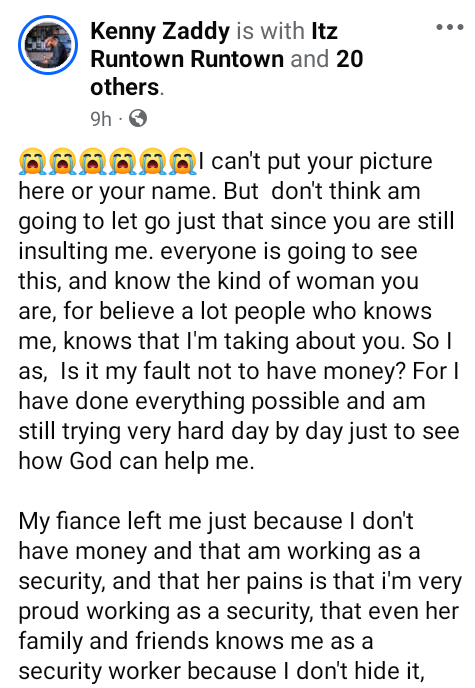 Nigerian Man Weeps After Fiancée Dumps Him Over Financial Issues and Security Guard Job: "Am I God That Gives Jobs?"