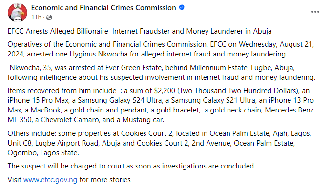 EFCC Arrests Abuja 'Billionaire' Over Alleged Internet Fraud And Money Laundering