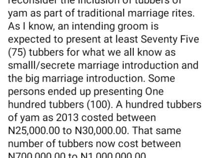 Kogi Man Entreats His Kinsmen To Reconsider The Inclusion Of Tubers Of Yam As Part Of Traditional Marriage Rites