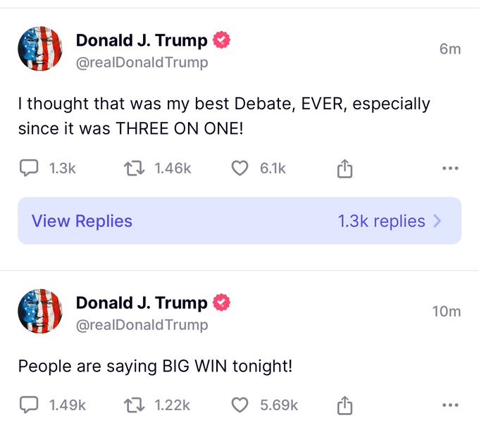 #USDebate2024: Trump Calls Debate with Kamala Harris His "Best Ever," Describes It as "Three on One"