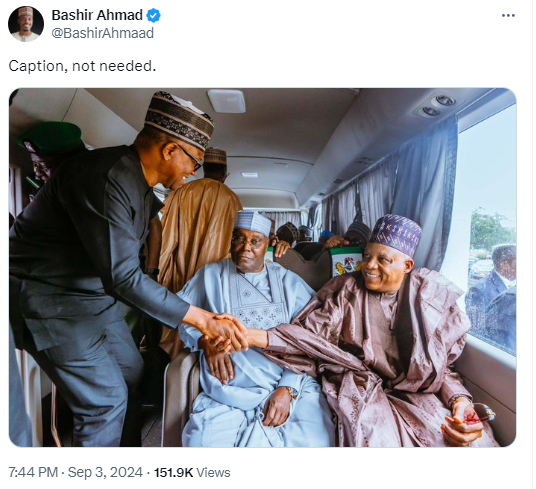 “Caption Not Needed,” Former Presidential Aide Bashir Ahmad Writes While Sharing Photo of Peter Obi Shaking Hands with VP Shettima