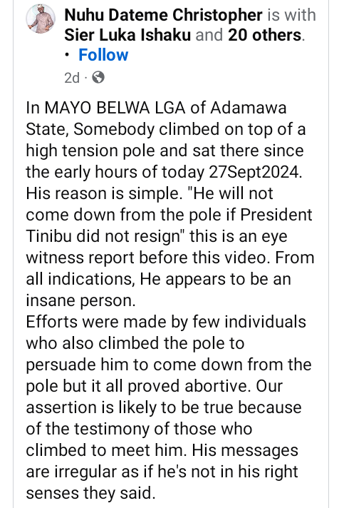 Adamawa Police Arrest Man Who Climbed Power Pole to Demand President Tinubu's Resignation