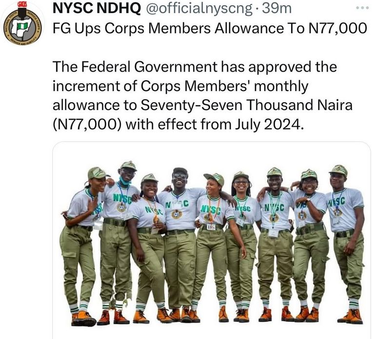 FG Raises NYSC Allowance from N33,000 to N77,000