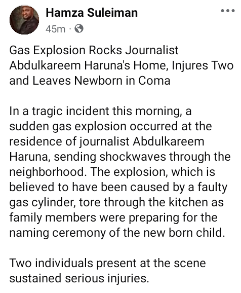 Gas Explosion at Nigerian Journalist's Home Leaves Newborn in Coma, Two Injured