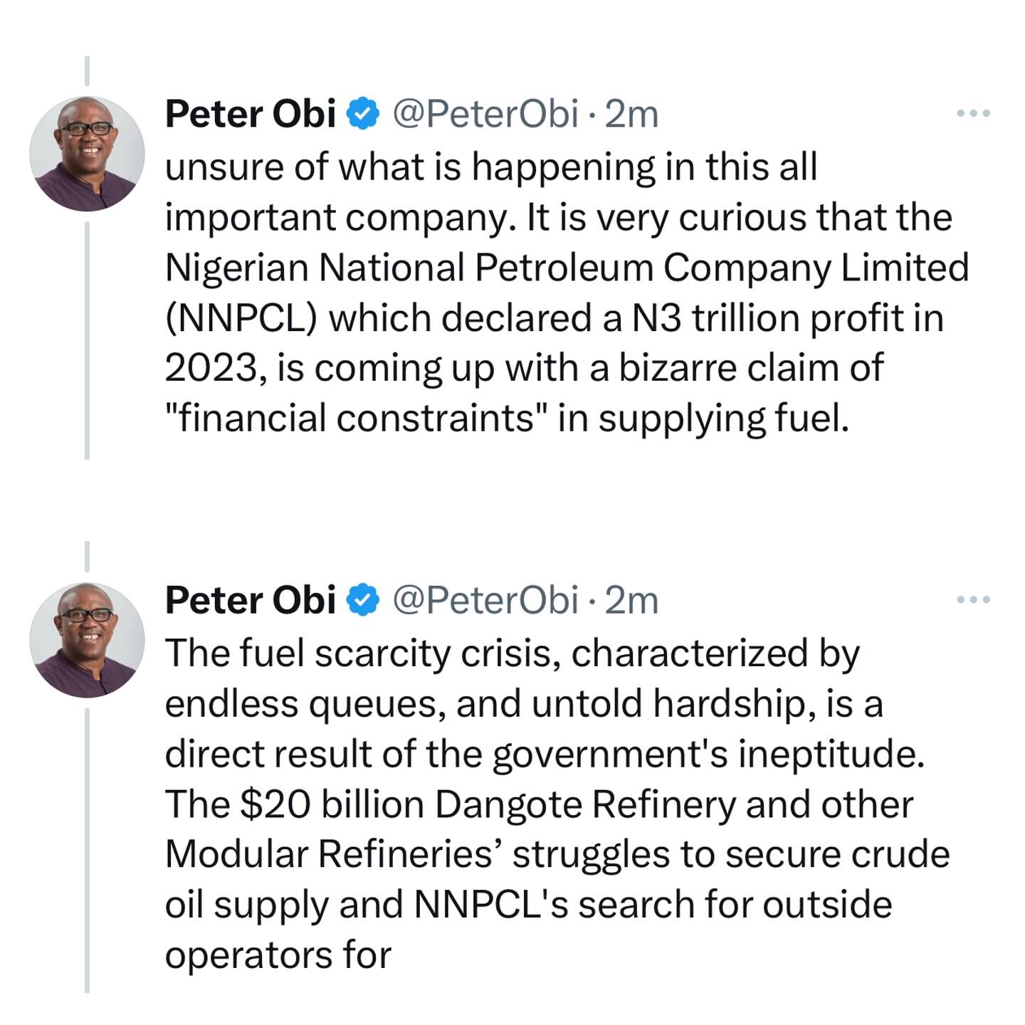 Peter Obi: Fuel Scarcity Crisis and Hardship Result from Government Ineptitude