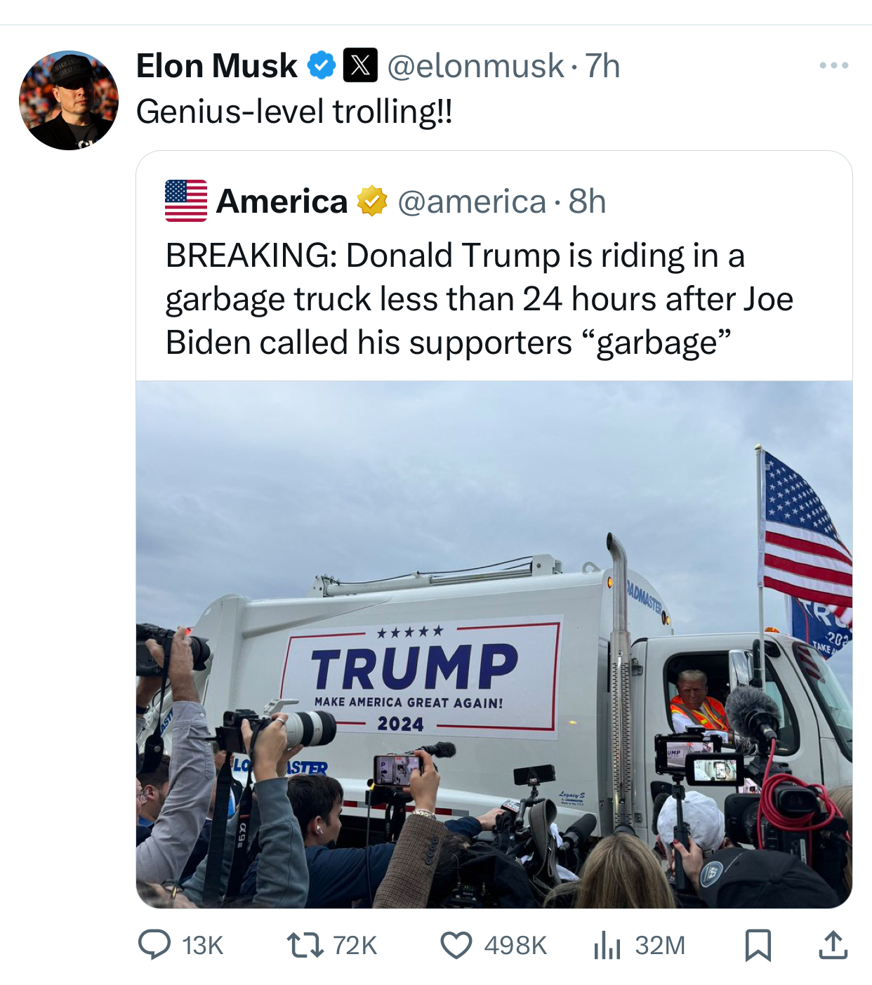 Trump Rides Garbage Truck in Picker Uniform at Rally Following Biden's 'Garbage' Comment About His Supporters