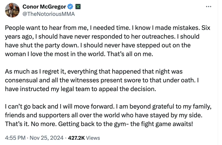 Conor McGregor Expresses Regret Over Infidelity, Vows to Appeal Verdict in Sexual Assault Civil Case