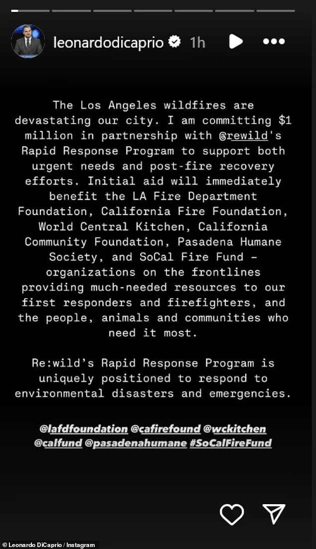 Actor Leonardo DiCaprio Donates $1 Million to Organizations Supporting LA Wildfire Relief Efforts