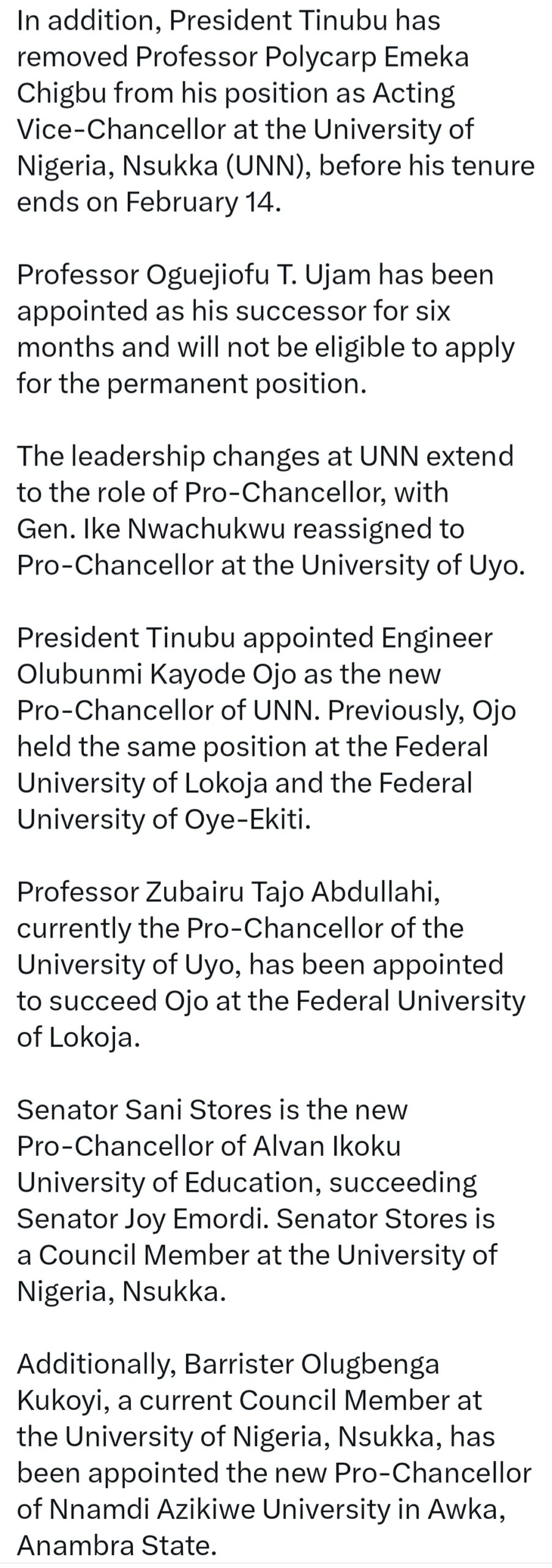 Tinubu Sacks UniAbuja, UNN VCs and Appoints Replacements