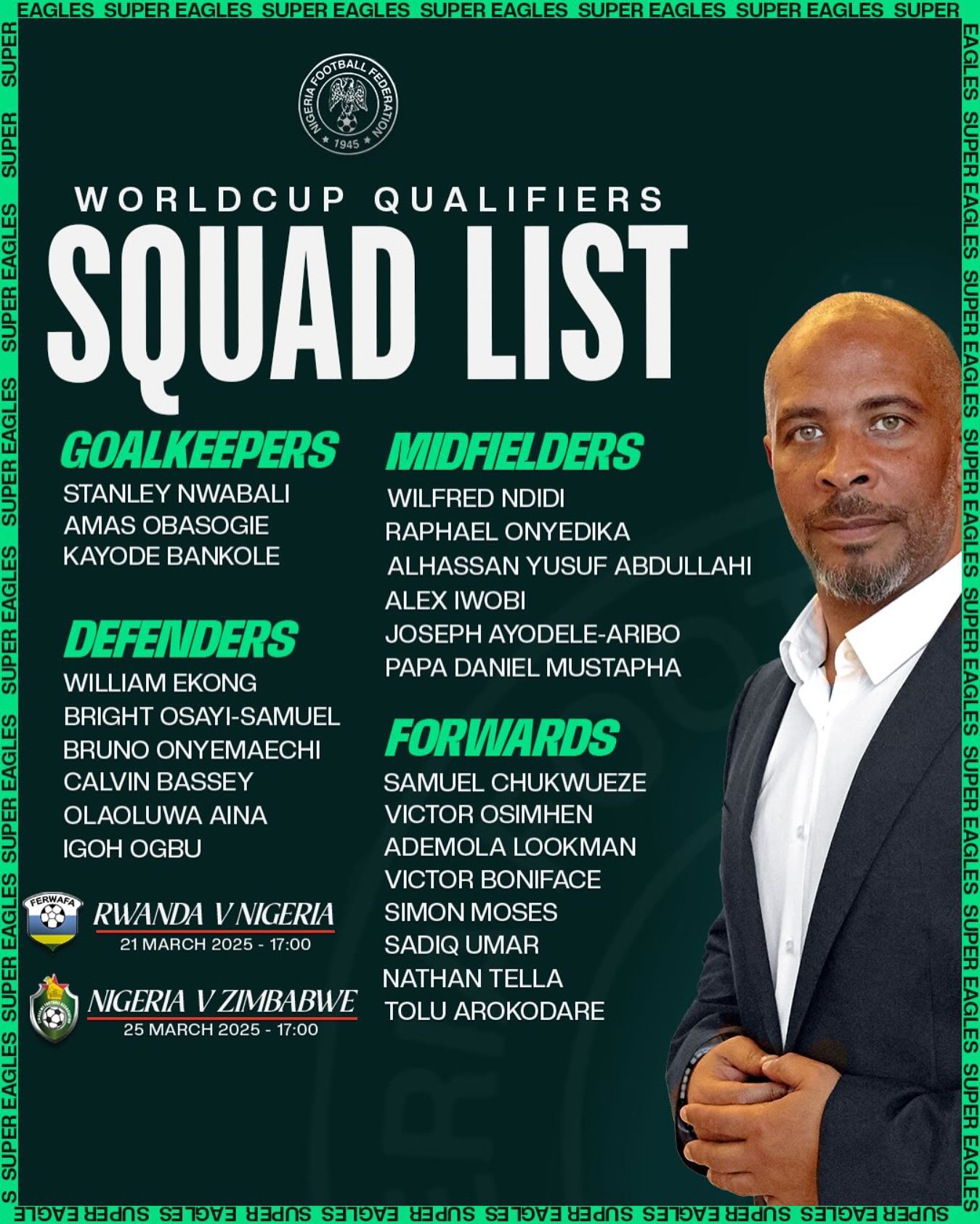 Super Eagles Coach Eric Chelle Drops Iheanacho, Musa from Final 23-Man Squad for World Cup Qualifiers