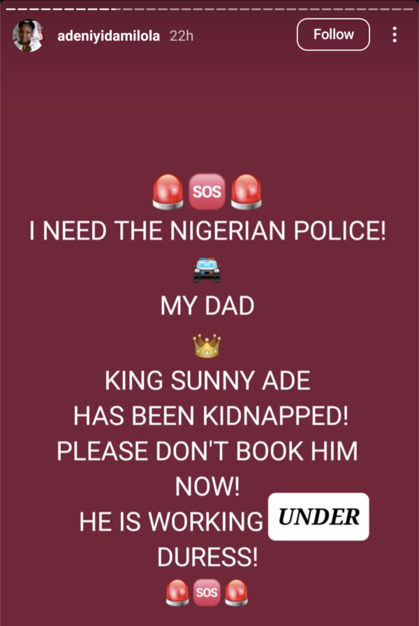 King Sunny Ade’s Daughter Accuses Brother Of Abducting Their Father, Forcing Him To Work Under Duress