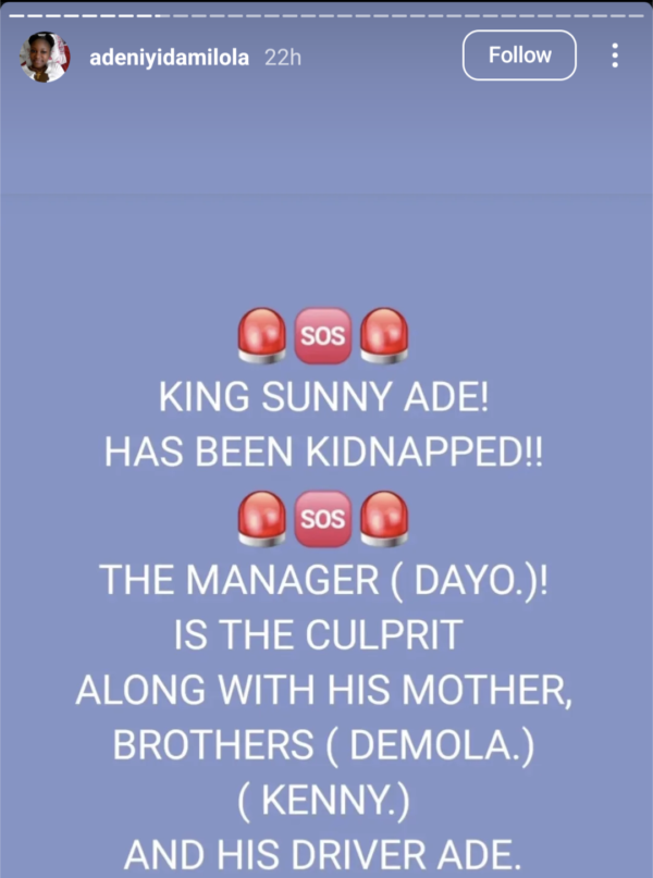 King Sunny Ade’s Daughter Accuses Brother Of Abducting Their Father, Forcing Him To Work Under Duress