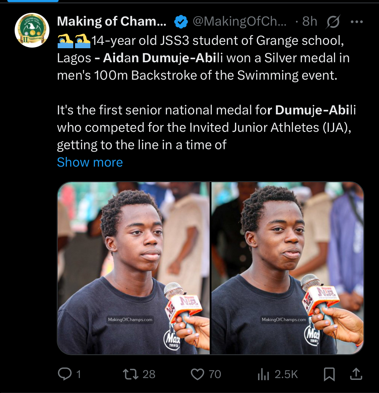 National Sports Festival: 14-Year-Old JSS3 Student Wins Silver In Men's Swimming Event
