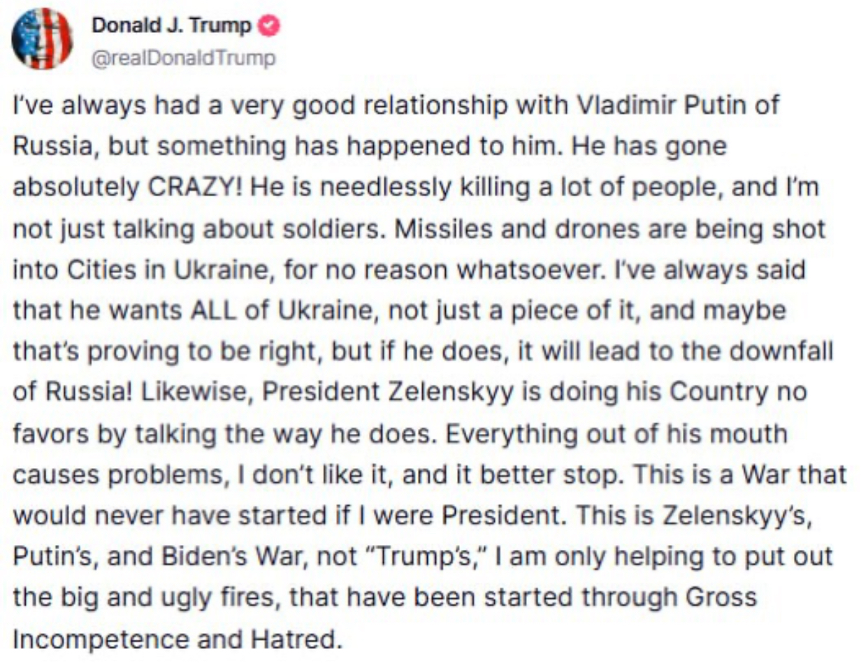 Trump Blasts Putin as 'Absolutely Crazy' After Russia's Largest Drone and Missile Barrage on Ukraine