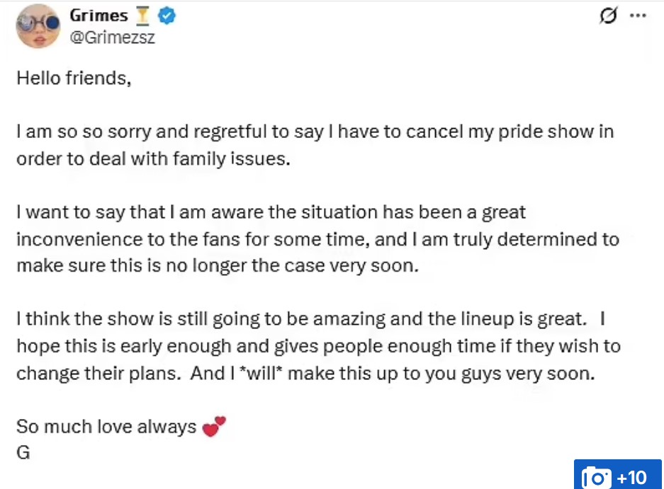 Singer Grimes Cancels Pride Show Amid Parenting Dispute With Elon Musk, Cites Family Crisis
