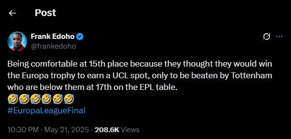 TV Host Frank Edoho Mocks Man United Fans After Europa League Final Defeat To Tottenham
