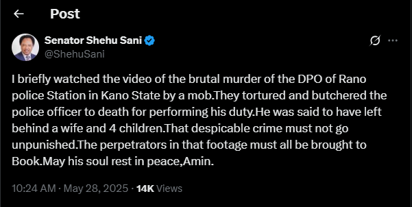 ‘He Was Butchered’ – Shehu Sani Condemns Brutal Killing of Kano DPO by Protesters
