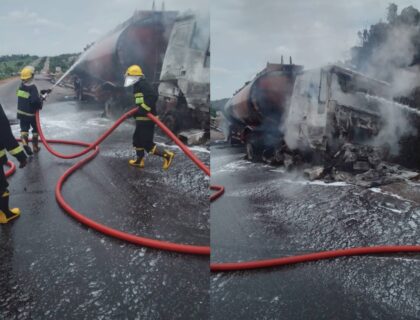 Apprentice Hospitalized After Collision Between Petrol Tanker And Truck In Ibadan