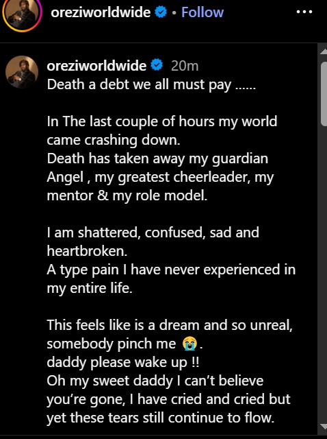 Orezi Mourns Father’s Death in Emotional Tribute
