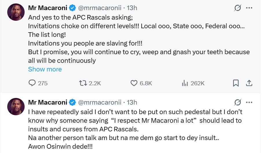 "I’m Nobody’s Hero!" – Mr Macaroni Claps Back At APC Supporters Over Celebrities Visiting Politicians